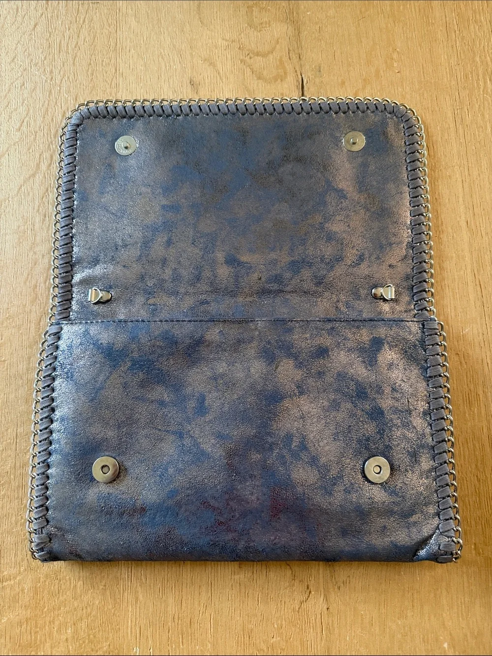 Phaser Purplish Gray Metallic Leather Crossbody Clutch with Chain Trim
